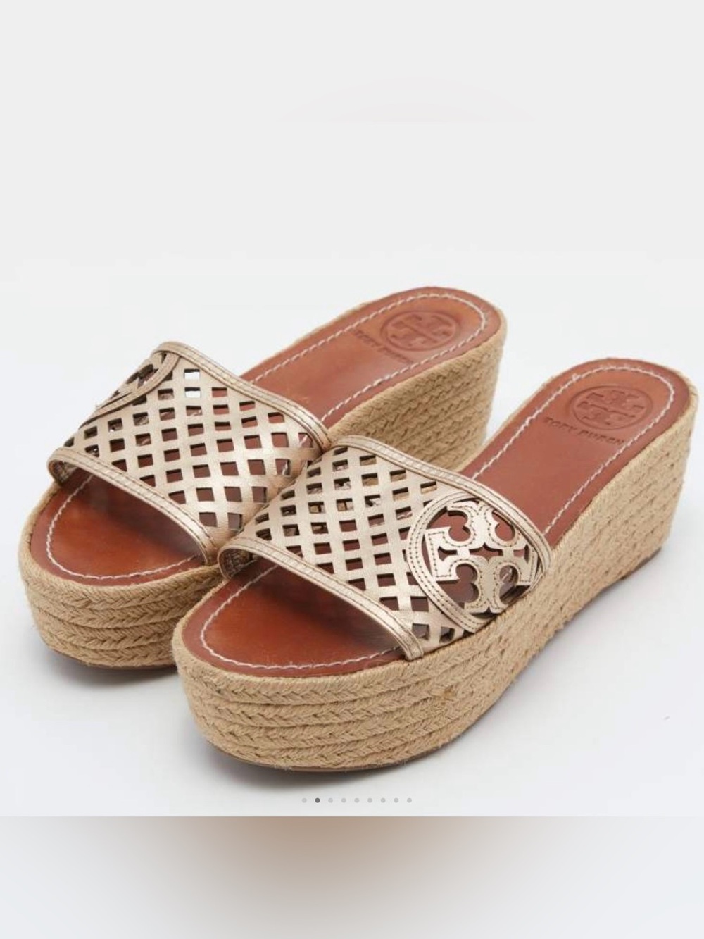 Tory Burch Rose Gold Laser-Cut Espadrille Platform Slide size 6